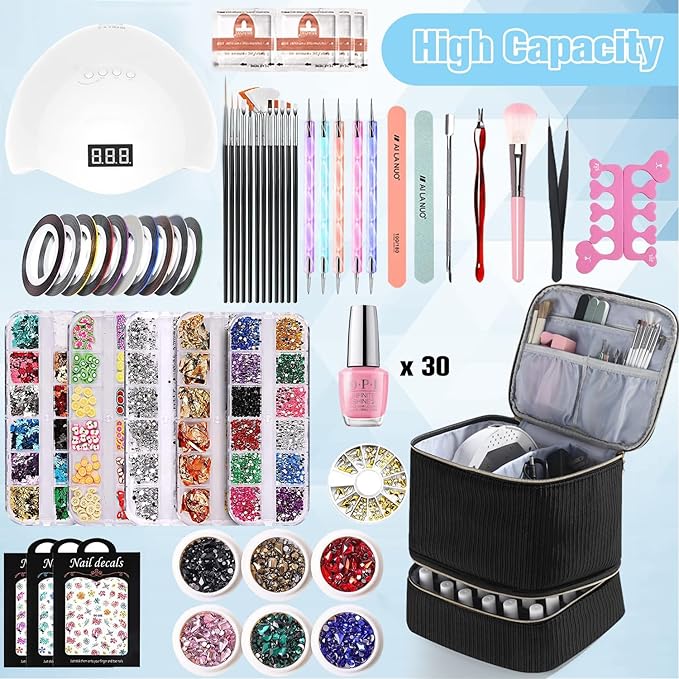Corduroy Nail Polish Organizer and Nail Lamp Case Nail Kit Organizer Holds 30 Bottles (15ml - 0.5 fl.oz) and a Nail Lamp Nail Polish Carrying Case with Manicure Tools Storage Sections (Black)