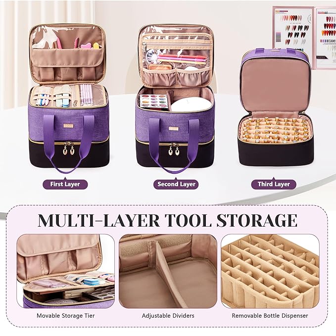 Nail Polish Organizer - Double Layer Storage Box Holds 42 Bottles &amp Nail Tech Kit Supplies