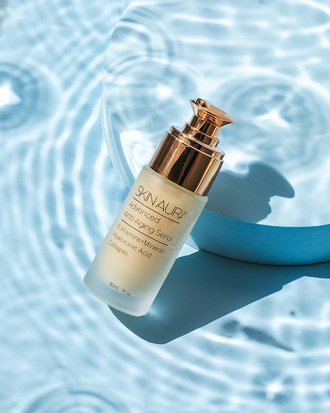 SKIN AURA??Advanced Anti-Aging Serum | All-In-One Sensitive Formula for Wrinkles Fine Lines &amp Age Spots | Plant Derivative with Hyaluronic Acid Collagen Peptides 5 Vitamins + Minerals - 30ml (1