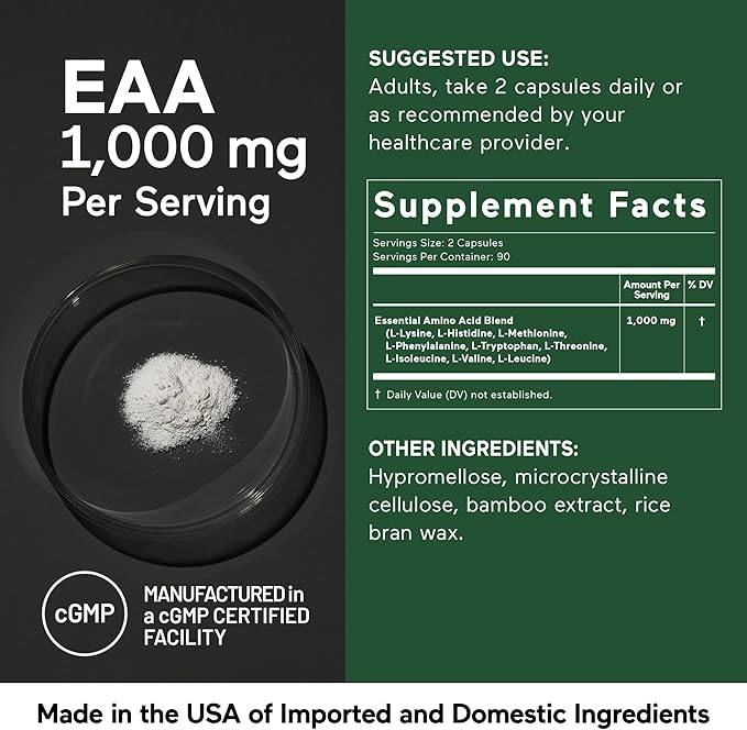 SMARTERNUTRITION Essential Amino Acids (EAA) Capsules - 1 Gram Per Serving of All 9 EAAs - Supports Muscle Mass &amp Exercise - Non-GMO Vegan Gluten Free - 180 Count[90-Day Supply]
