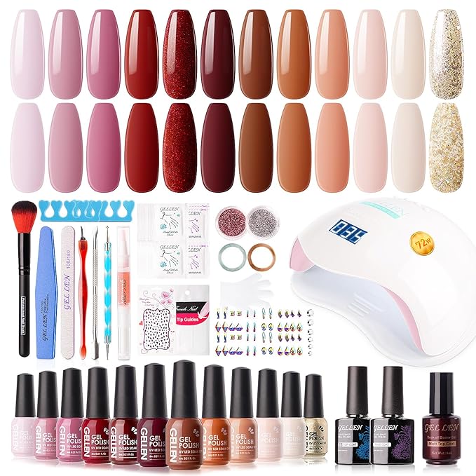Gellen Gel Nail Polish Kit with U V LED Light 72W Nail Dryer Fall Winter Red Burgundy Nude Pink Gel Polish Kit 12 Colors No Wipe Top Base Coat Nail Art Decorations Manicure Tools