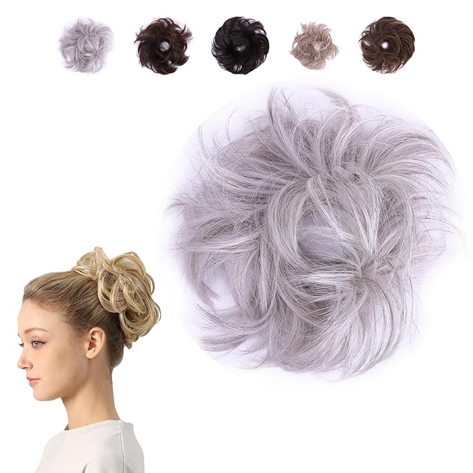 JUVABUN Small Messy Bun Hair Piece - Light Gray | Curly Real Human Hair for Everyday Wear | Washable &amp Realistic Synthetic Pieces for Women's Updos | Scrunchie