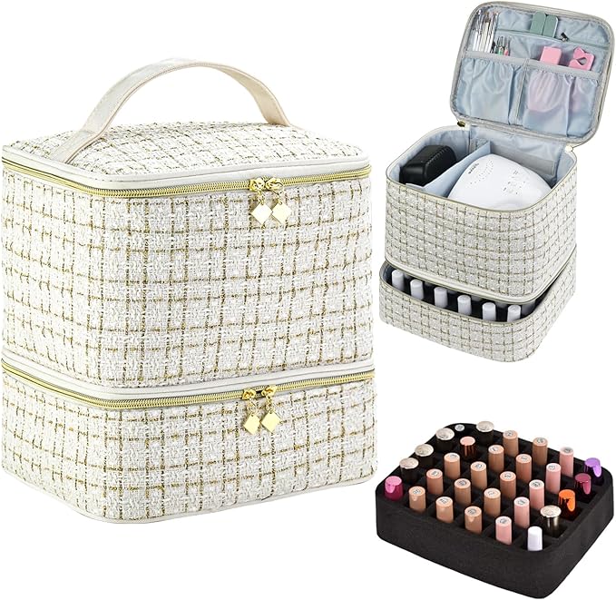 CTWWFS Nail Polish Organizer and Nail Lamp Case Nail Kit Organizer Holds 30 Bottles (15ml - 0.5 fl.oz) and a Nail Lamp Nail Polish Carrying Case with Manicure Tools Storage Sections (A-White)