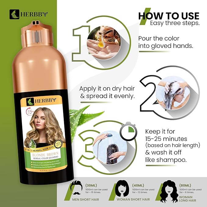 HERBBY Hair Color Shampoo for Gray Hair Coverage&ampColor Transform with 9 Herbal Extracts ?Long Lasting(6-8 Weeks)ShinyEvenly ColoredInstant Hair Dye Shampoo&ampConditioner 500 Ml (BLONDE BROWN