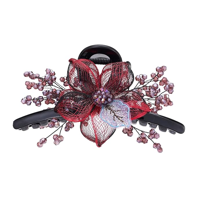 SINIDE Rhinestones Hair Claw Clips Large Copper Wire Flower Clip Barrettes Hand-woven Crystal Claw Jaw Clamp Plastic Wedding Head Piece Styling Accessories for Women Ladies Thick Curly Hair (Red)