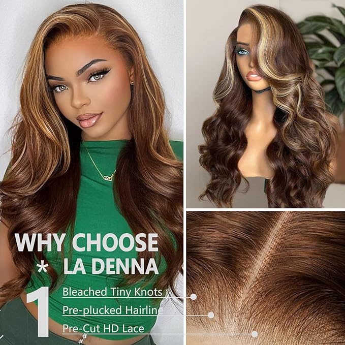 28 Inch Highlight Ombre Lace Front Wig Human Hair 4/27 Body Wave Lace Front Wigs Human Hair Pre Cut 9x6 Brown Blonde Highlighted Wigs Human Hair 180 Density Balayage Ready to Wear Glueless Wigs