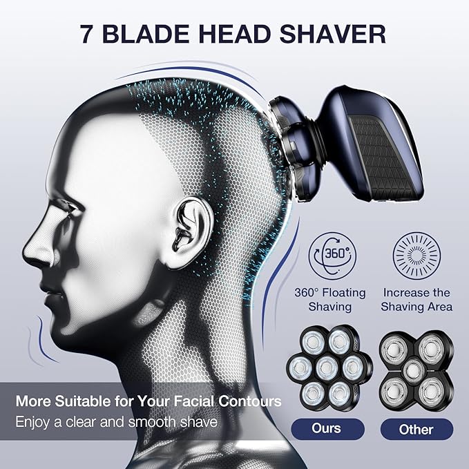 Head Shaver 7D Wyklaus Upgrade Head Shavers for Bald Men Head Electric Razor with Nose Hair Trimmer IPX6 Waterproof Wet/Dry Mens Grooming Kit Anti-Pinch LED Display USB Rechargeable