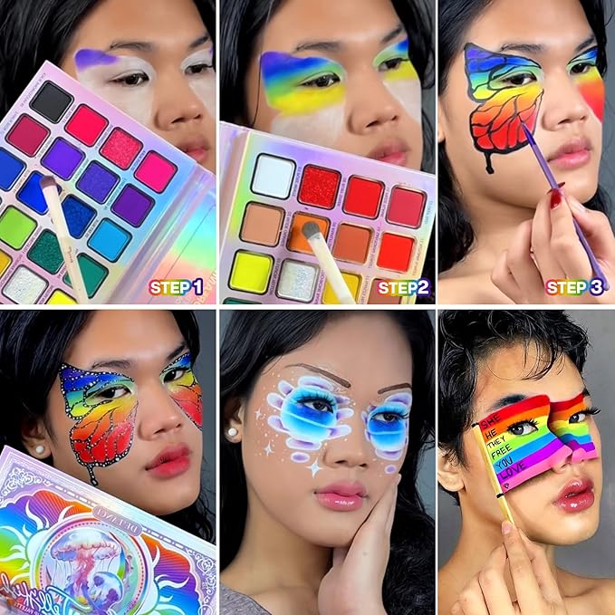 DE'LANCI Rainbow Eyeshadow Palette Colorful Makeup Pallet Multichrome Bright Neon Eyeshadow Palette High Pigment Vibrant Face Paint Rainbow Iridescent Makeup Long Lasting Daily Festival Goth FX Look