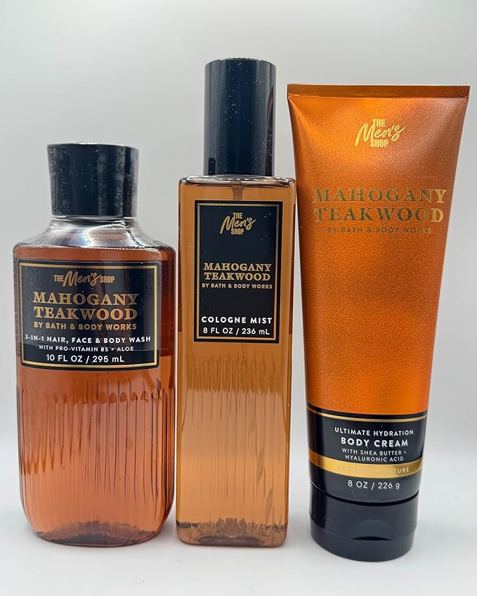 Mahogany Teakwood For Men Gift Set With Cologne Mist Body Cream &amp Body Wash (Full Size).