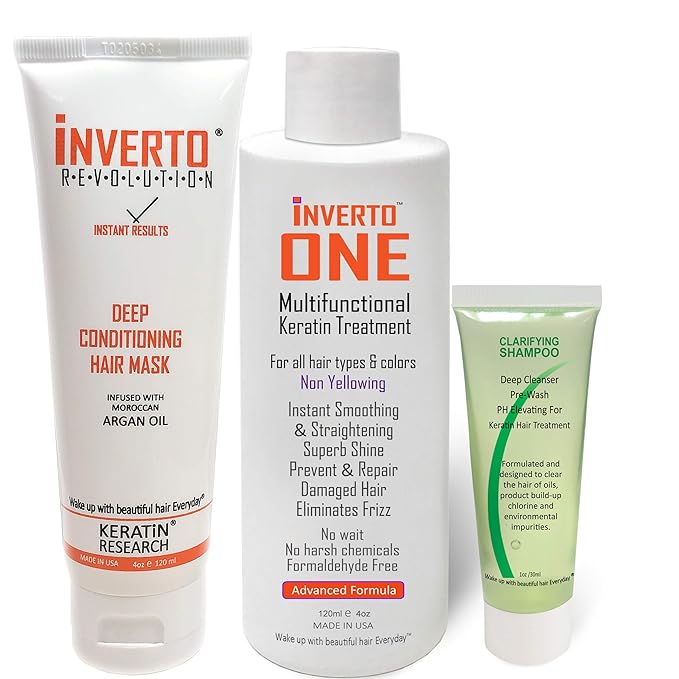 INVERTO ONE Formaldehyde-Free Keratin Hair Treatment for Curly Hair by KERATIN RESEARCH - Kit with 120ml Treatment Deep Moisturizing Mask and Clarifying Shampoo