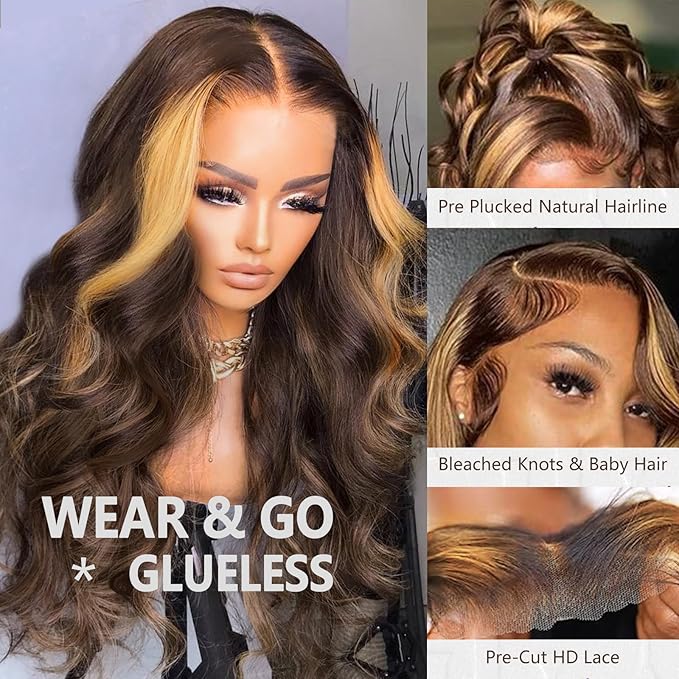 28 Inch Highlight Ombre Lace Front Wig Human Hair 4/27 Body Wave Lace Front Wigs Human Hair Pre Cut 9x6 Brown Blonde Highlighted Wigs Human Hair 180 Density Balayage Ready to Wear Glueless Wigs