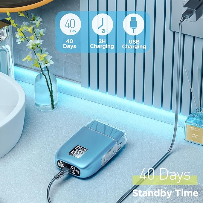 Electric Razor Electric Shaver for Men Upgraded Foil Shaver with 3 Speeds Double Floating Blade IPX7 Waterproof Wet/Dry LED Display USB Type C Rechargeable Blue