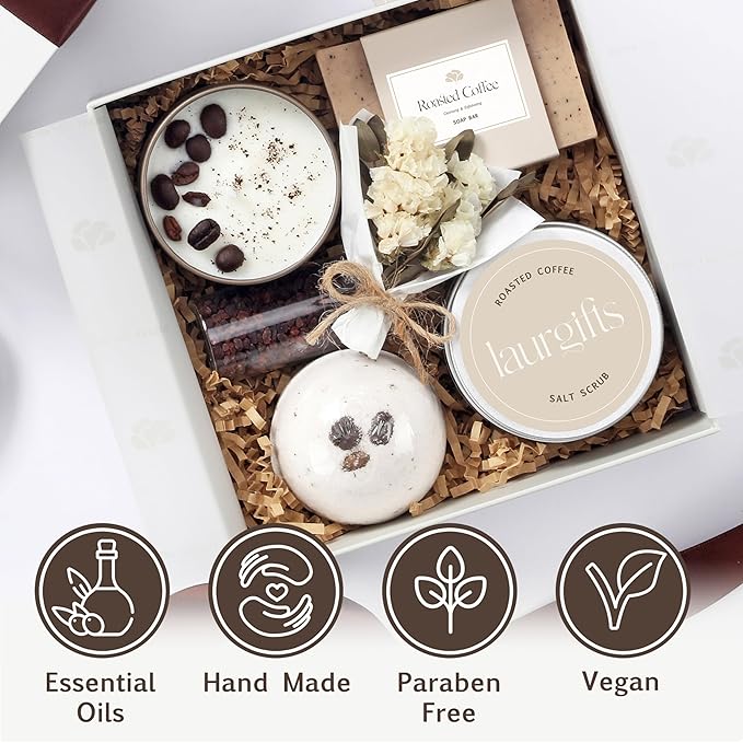 Coffee Spa Box for Women ? Small Relaxing Self Care Basket with Coffee Scented Candle Bath Bomb Soap &amp Salt Scrub ? Thoughtful Birthday Thank You Housewarming or Christmas Gift for Her