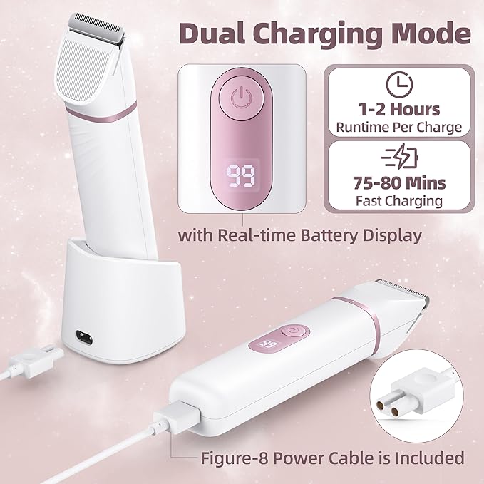 5-in-1 Bikini Trimmer for Women: IPX7 Waterproof Electric Razor Shaver for Face Pubic Area Leg Arm Underarm Nose Cordless Rechargeable Body Hair Removal Battery Display Ceramic Blade