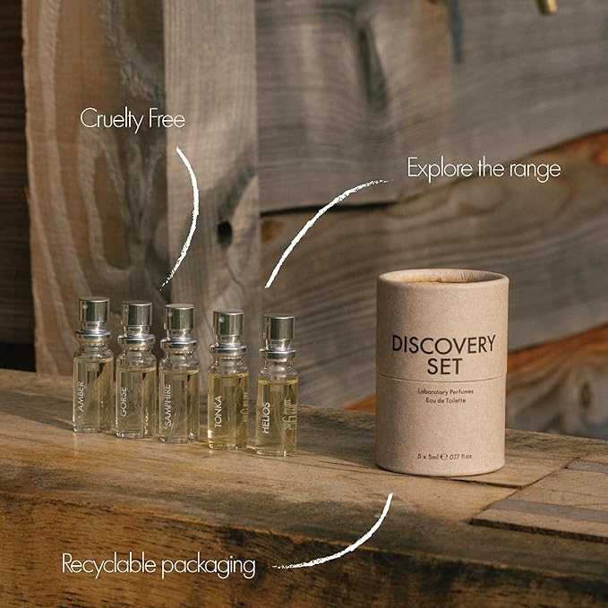 Laboratory Perfumes Discovery Set | 5 x 5ml Eau de Toilette | Gender-Free Nature-Inspired Fragrances | Amber Gorse Samphire Tonka Helios | Unique Gift Set Travel Set