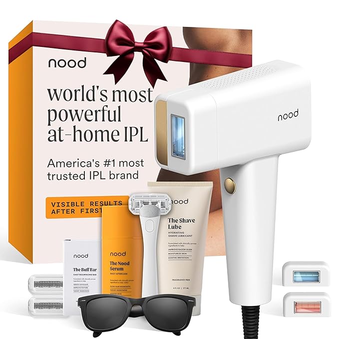 Nood??NEW Flasher Pro Kit ? IPL Laser Hair Removal Device for Women &amp Men + Refillable 5-Blade Shaving Razor Kit + Exfoliating Buff Bar + Hydrating Shave Lube + After Shave Serum ? Gloss White