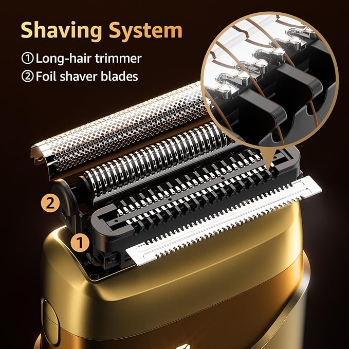 Electric Foil Shavers for Men Mini Electric Razor Compact Face Shaver IPX7 Waterproof Wet Dry Cordless Razor LED Display USB-C Travel-Friendly Light Gold