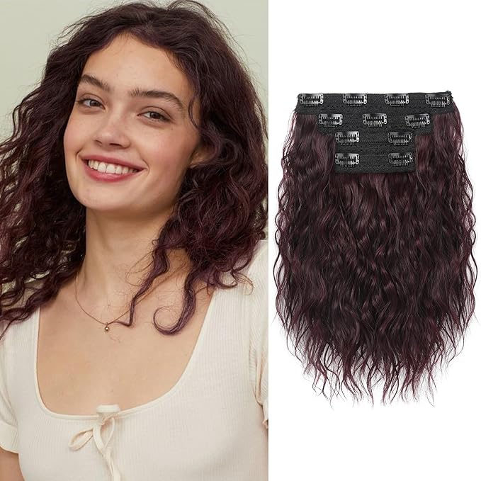 REECHO 4PCS Clip in Hair Extensions - 12 Short Curly Wavy Brown Invisible Lace Weft Natural Soft Hairpieces for Women - Burgundy