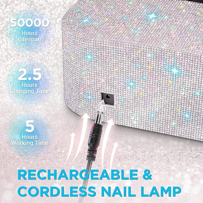 Aedavey Cordless UV Nail Lamp Rechargeable UV Light for Gel Nails LED Nail Lamp with 4 Timer Modes Gel Nail UV Light Decorate with Sparkling Nail Rhinestones (Sparkly White)