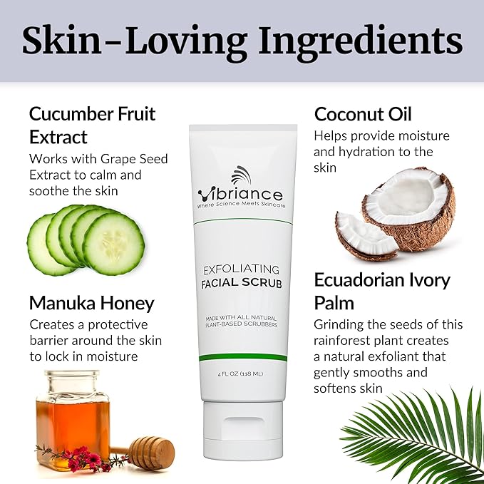 Vibriance Ultra-Gentle Face Scrub 4 fl oz - Exfoliating Facial Wash Unclogs Pores - Sulfate and Paraben-Free Exfoliator For All Skin Types - Made with Natural Ingredients