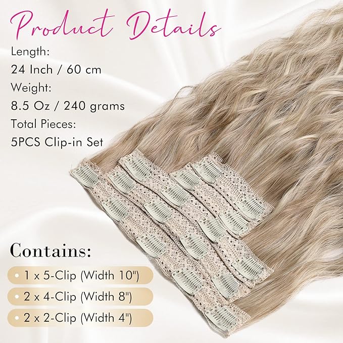 REECHO Clip in Hair Extensions 5PCS Blonde Hair Extensions 24 Thick Long Loose Waves hair extensions HE002 Invisible Lace Weft Natural Soft Hairpieces for Women ? Dark Ash Blonde