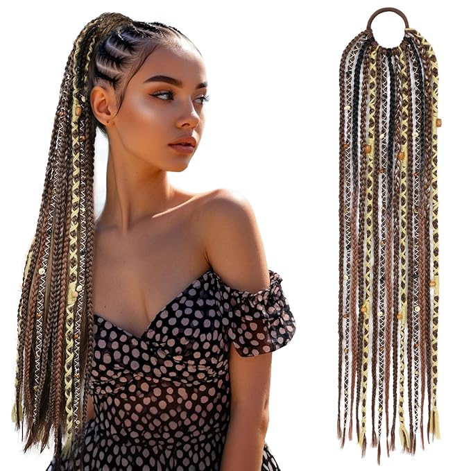 SEIKEA Boho Braided Ponytail Extension with Hair Tie 24 Long Viking Dreadlock Beads Ponytail Hand-braided Braids Hair Extensions Lightweight Natural Synthetic Hairpiece for Festival Cosplay