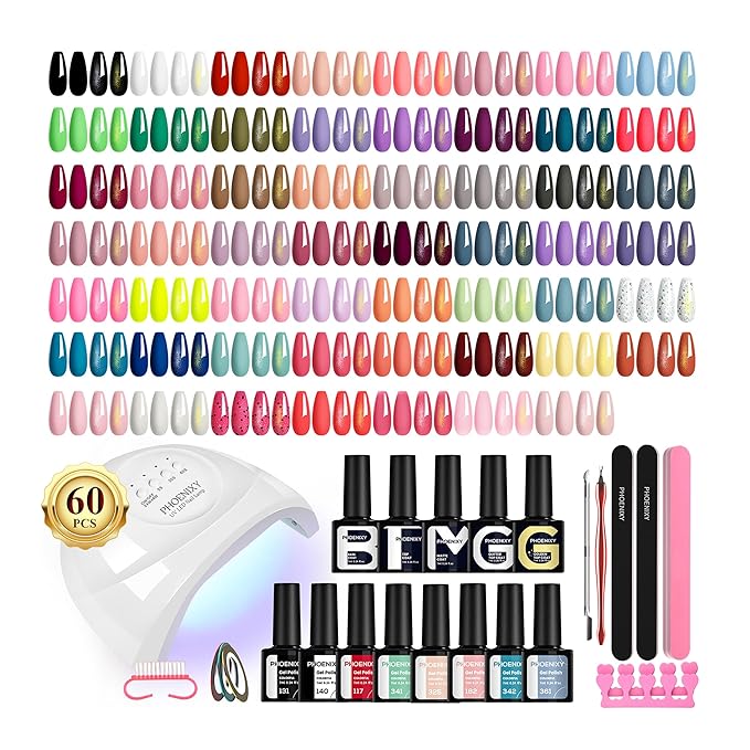 PHOENIXY 71 Pcs Gel Nail Polish Kit with U V Light 55 Colours Gel Polish with 5 Pcs Base Top Coat Manicure Starter Nail Polish Set Christmas Gifts for Women ST9018
