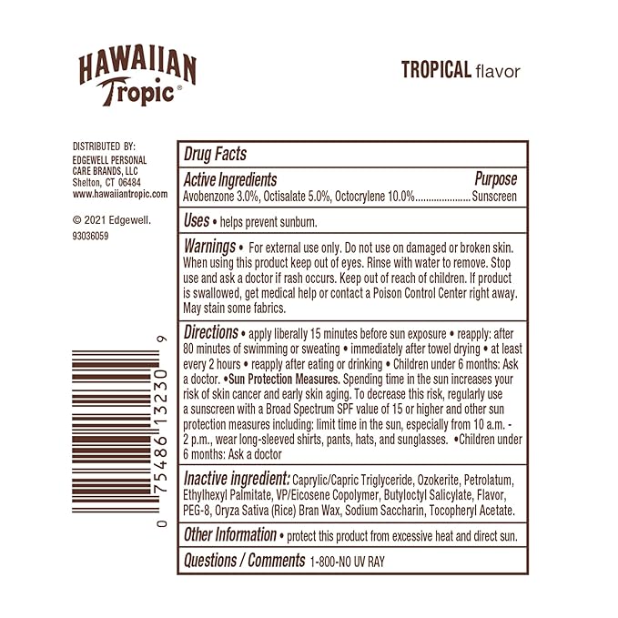 Hawaiian Tropic Tropical Lip Balm SPF 30 | SPF Lip Balm Beach Essentials Travel Sunscreen for Lips Beach Necessities Summer Essentials Sunblock for Lips Sun Protection 0.14oz (Pack of 10)