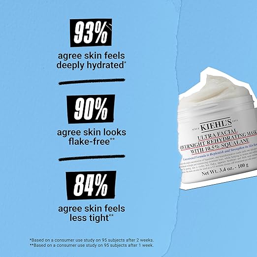 Kiehl's Ultra Facial Overnight Hydrating Face Mask with 10.5% Squalane Deeply Hydrates Skin &amp Strengthens Moisture Barrier Treats Dryness &amp Flaky Skin Paraben-free Fragrance-free All Skin