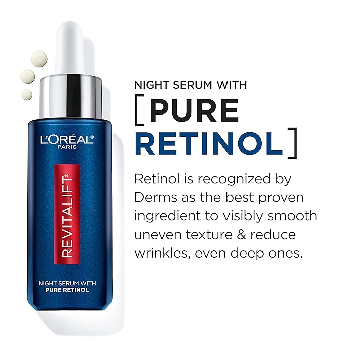 L'Oreal Paris Revitalift 0.3% Pure Retinol Night Serum Reduce Deep Wrinkles Fragrance Free 1 oz + Moisturizer Sample