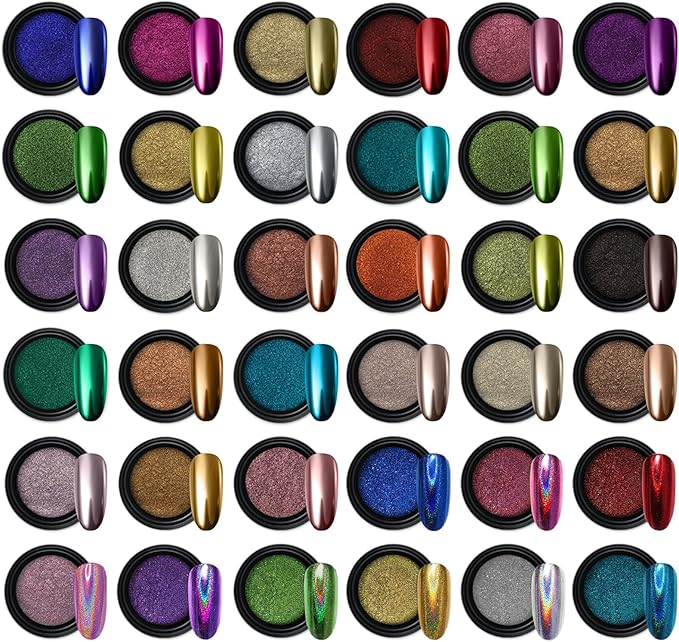 Artdone 36 Jars Chrome Nail Powder Nail Art Fimo Decoration Metallic Mirror Effect Holographic Aurora Chameleon Pigment Powder 1g/Jar Pearl for Resin Craft &amp Nail Art