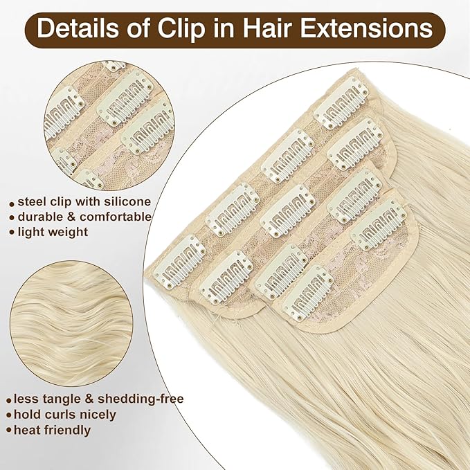 Hair Extensions Long Wavy Clip In Hair Extensions Bleach Blonde Synthetic Hair Extensions Clip Ins 4PCS Thick and Blend Well Fiber Hairpieces for Women 20 Inch