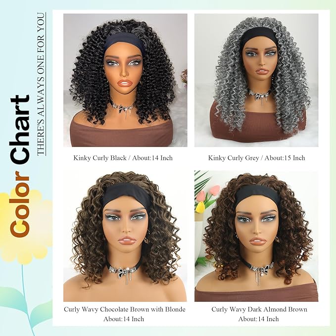 Aisaide Kinky Curly Headband Wig 14 Inch Headband Wigs for Black Women None Lace Front Curly Wave Half Hair Wig Wear and Go Glueless Wig