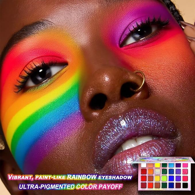 DE'LANCI Rainbow Eyeshadow Palette Colorful Makeup Pallet Multichrome Bright Neon Eyeshadow Palette High Pigment Vibrant Face Paint Rainbow Iridescent Makeup Long Lasting Daily Festival Goth FX Look