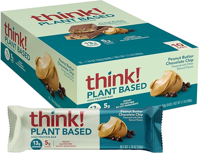 think! Vegan/Plant Based High Protein Bars - Peanut Butter Chocolate Chip 13g Protein 5g Sugar No Artificial Sweeteners Non GMO Project Verified 10 Count (Packaging May Vary)