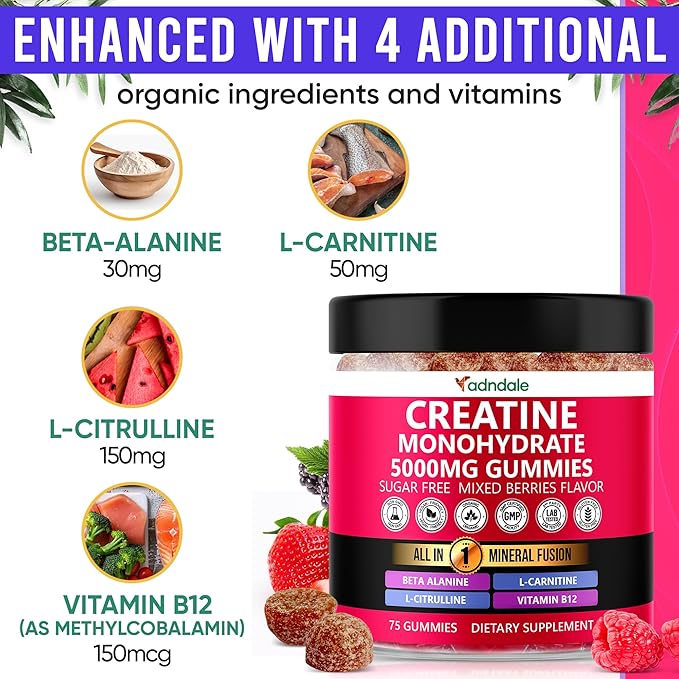 Adndale Creatine Gummies for Women &amp Men 5000mg per Serving Creatine Monohydrate Supplement with Beta-Alanine L-Citrulline &amp B12-75 Vegan Gummies. Sugar-Free