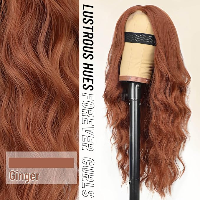 AISI HAIR Ginger Wig for Women Long Wavy Lace Hairline Middle Part Synthetic Heat Resistant Wig for Daily Party-26 Inch
