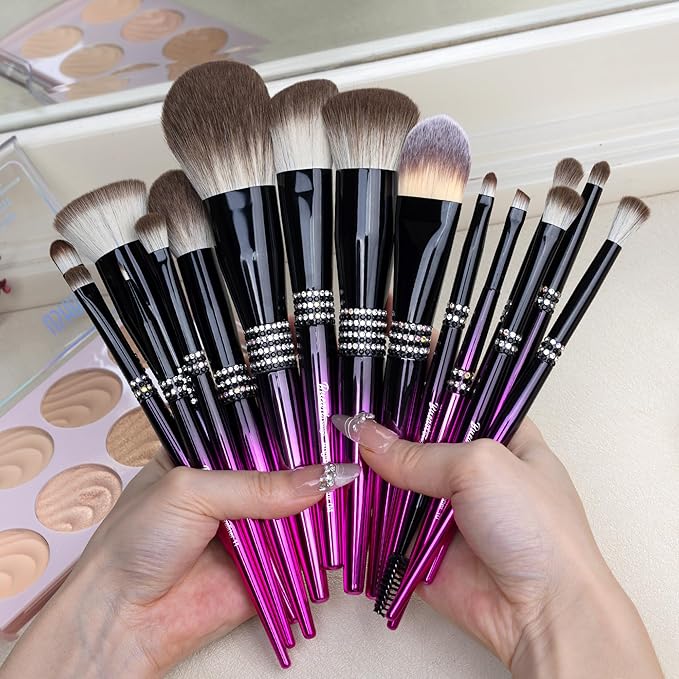 Bueart Design 16PCS Ultra Soft Makeup Brushes Sets with HolderProfessional Make up Brushes with Diamond(Purple-Black Gradient &amp Holder)