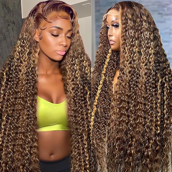 30 Inch Honey Blonde Highlight Ombre Lace Front Wig Human Hair 200% Density 13x6 HD Deep Wave Curly Wig Pre Plucked with Baby Hair