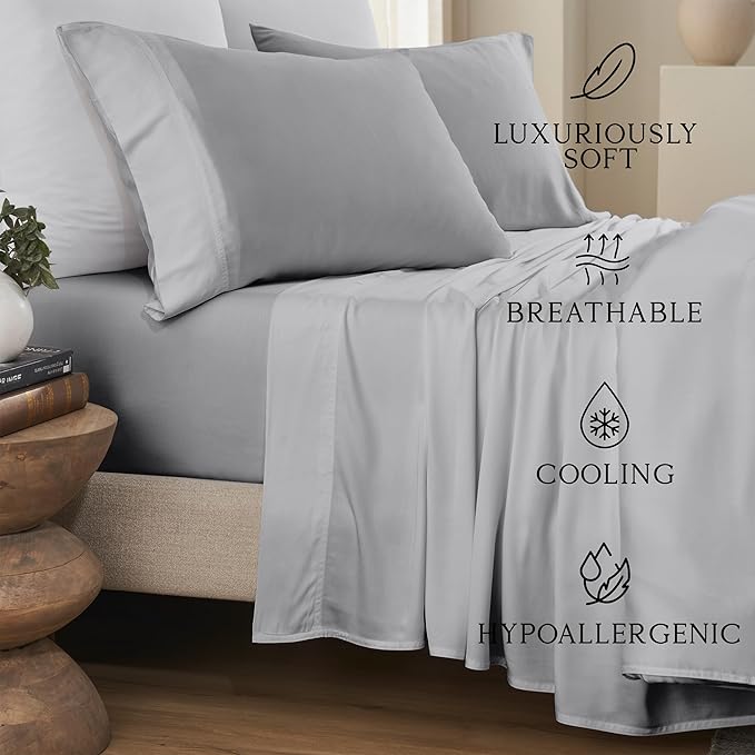 KARISSA MAE Cooling Bamboo Viscose Queen Sheet Set | 100% Organically Grown | 18??Deep Pocket | Silky Soft &amp Hypoallergenic | with Organizer Band &amp Elastic Corner Straps [Grey Mist]