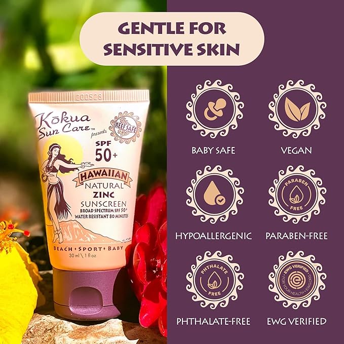 Kokua Sun Care Hawaiian Reef Safe Sunscreen SPF 50 | 1 oz - 3 Pack | Zinc Oxide | Mineral Sunscreen | Face &amp Body | Moisturizing Sun Protection | Water Resistant | Chemical Free | Natural Ingredie