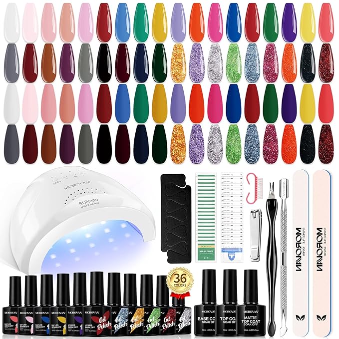 Morovan Gel Nail Polish Kit with UV Light: 36 Colors Gel Nail Polish Set with Pure Gillter Gel Polish Soak Off Gel Nail Kit Contain Base &amp Top Coat Nail Polish Starter Kit