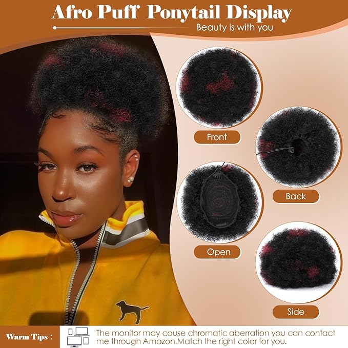 Fullart Afro Ponytail For Black Women #H1-99J Black mix Wine Red 100% Remy Human Hair No Shedding No Tangling No Lice Durable Natural Soft and Smooth Curly Drawstring Ponytail For Kids
