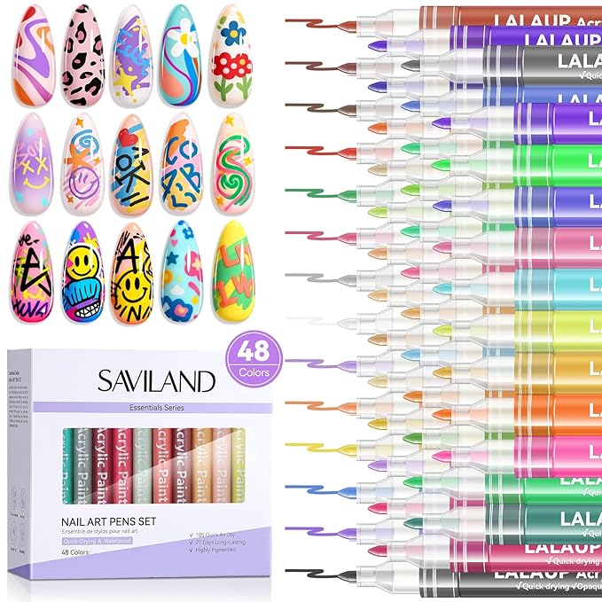 SAVILAND Essentials Nail Art Pens Set: 48 Colors Quick-Drying 3D Nail Polish Pens Acrylic Paint Markers for Nail Art Painting Drawing Liner Brush Dotting Tools Kit for Home DIY &amp Salon Manicure