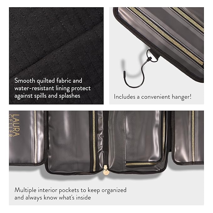 LAURA GELLER NEW YORK Quilted Folding Travel Makeup Bag Black - Hanging Toiletry Bag Organizer for Travel - Large Capacity Full Size Makeup Bag - Easy to Clean