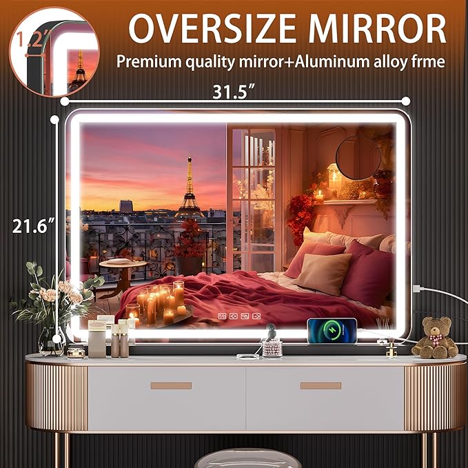 Hasipu Vanity Mirror with Lights and Bluetooth Speaker 32 x 21.7 LED Makeup Mirror Lighted Makeup Mirror with Dimmable 3 Modes USB Charging Port Round Black