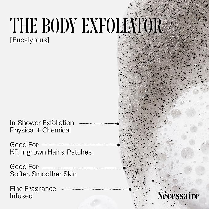 N?cessaire The Body Exfoliator. Eucalyptus. AHA/BHA/PHA. Resurface Skin. Smooth KP and Rough Patches. Hypoallergenic. Dermatologist-Tested. 180 ml / 6.1 fl oz