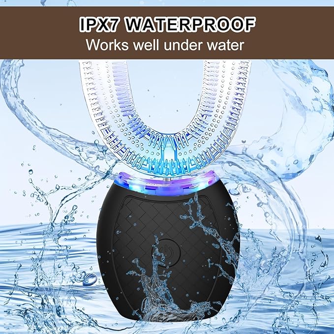 Ultrasonic U-Shaped Toothbrush for Teeth Whitening Electric Toothbrush for Adults 360-degree Cleaning3 Brush Heads Wireless Charging and IPX7 Waterproof Kit for Travel or Home(Black)