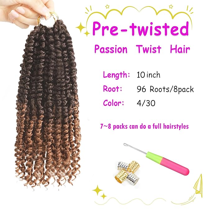 Bileaf Passion Twist Hair 10 Inch Crochet Hair Pre Lopped Crochet Boho Passion Twist Crochet Hair 8 Packs Bohemian Short Crochet Twist Braiding Hair Passion Twists Ombre Color 4-30