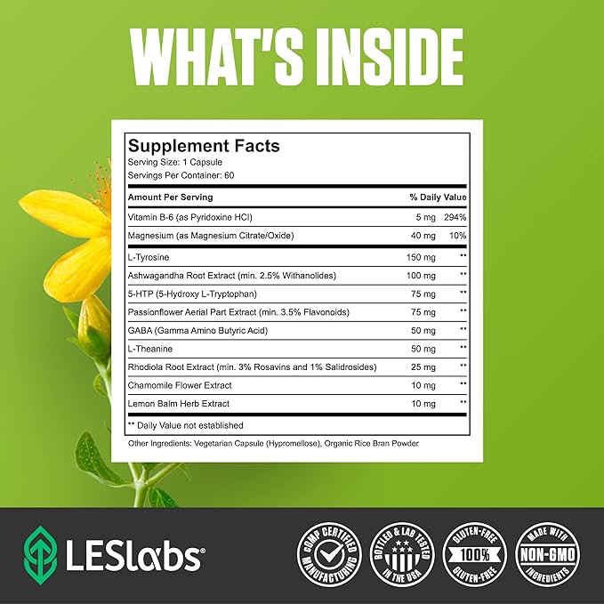 LES Labs Mood Boost ? Stress Relief Mood Support Deep Relaxation &amp Better Sleep ? 5-HTP Ashwagandha Rhodiola Rosea Magnesium L-Theanine &amp GABA ? Non-GMO Supplement ? 60 Capsules